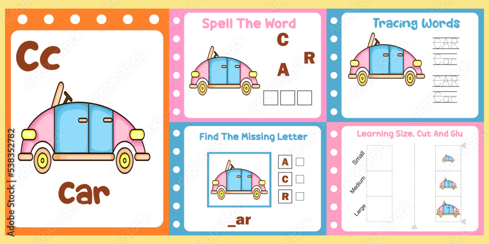 worksheets pack for kids with car vector. children's study book