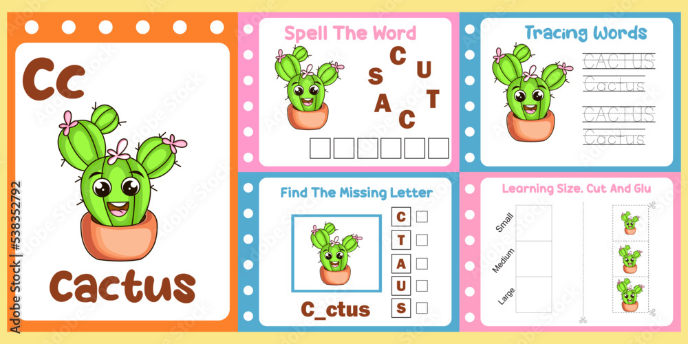 worksheets pack for kids with cactus vector. children's study book
