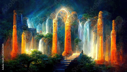 AI generated image of a fantasy Elf city in the forest with trees, plants, stone stairs, arches and waterfalls photo