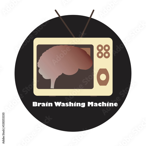 Old tv set with brain and the text brainwashing machine