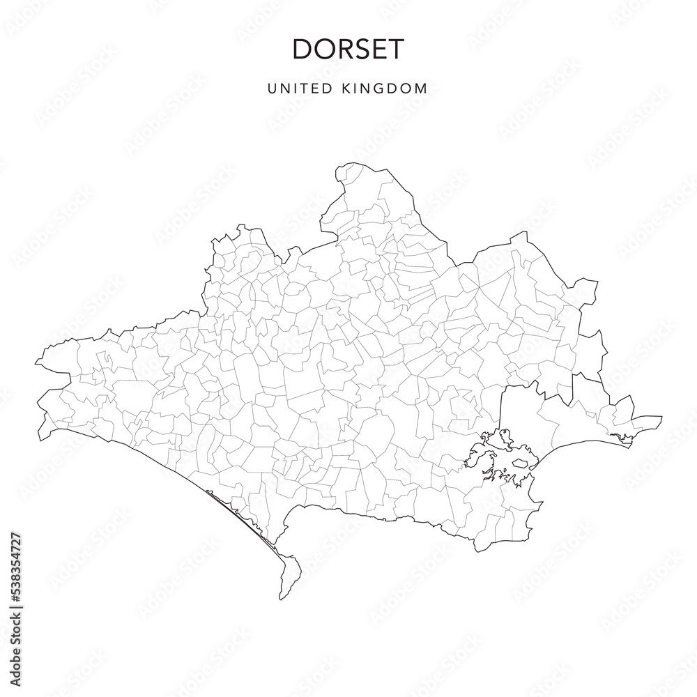 Administrative Map of Dorset with Unitary Authorities and Civil Parishes as of 2022 - United Kingdom, England - Vector Map - obrazy, fototapety, plakaty 