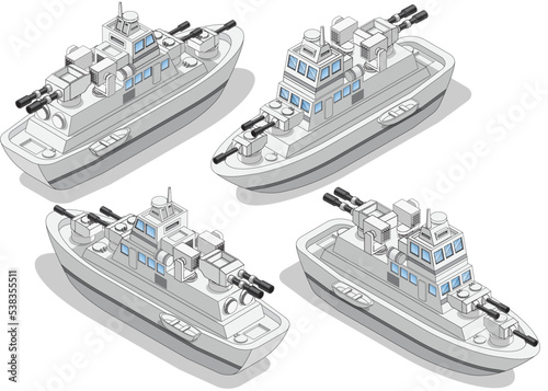 A set of warships. Cruiser. Isometric. Isolated on white background. Vector illustration.