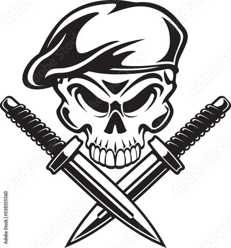 skull wearing military beret with crossed combat knifes