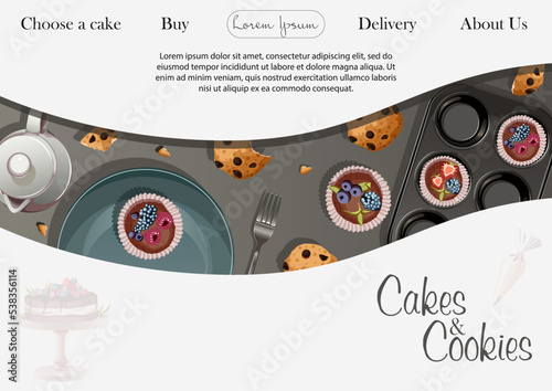 Vector template of website design for bakeries,restaurants,shops,cafe,advertising. Illustration of Wavy line with kitchenware and pastry on gray background. Text on copy-space isolated on white.
