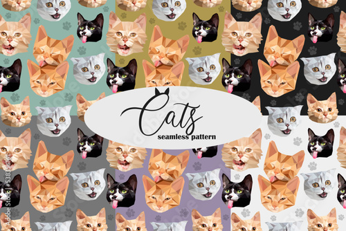 Set collection of six different color cat muzzle seamless pattern. Vector low poly polygonal graphic. Blue, green, black, white, purple, gray backgrounds. Kids kitten texture. Isolated square. 
