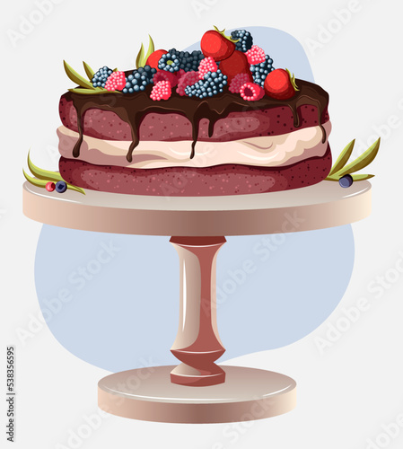Vector illustration of red cake with chocolate and berries, cake stand isolated on white blue background. Bakeries, design, confectionery, cafe, print concept.