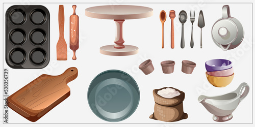 Set of different kitchen utensils like board,spoon,fork,flour bag,rolling pin,plate. Vector illustration of objects isolated on white. Bakery,banners,posters,cooking,print,confectionery concept.