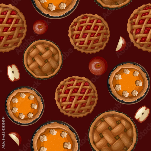 Vector seamless pattern for thanksgiving day, cards, print, cafes, restaurants, bakeries, posters, banners. Flat illustration of different pies and apples above isolated on burgundy background.