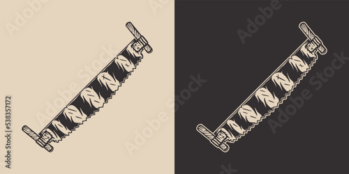 Vintage retro mechanic woodwork 2 hand saw. Can be used like emblem, logo, badge, label. mark, poster or print. Monochrome Graphic Art. Vector. Hand drawn element in engraving