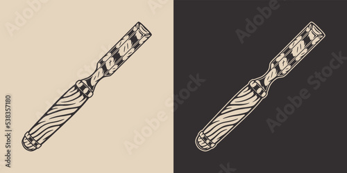 Vintage retro mechanic woodwork chisel. Can be used like emblem, logo, badge, label. mark, poster or print. Monochrome Graphic Art. Hand drawn element in engraving