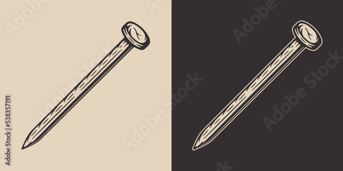 Vintage retro mechanic woodwork nail. Can be used like emblem, logo, badge, label. mark, poster or print. Monochrome Graphic Art. Hand drawn element in engraving
