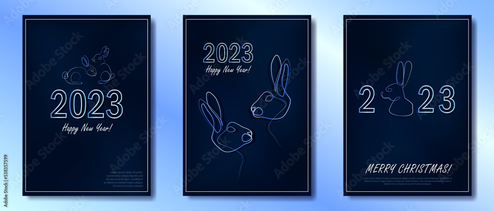 Collection of three greeting cards with linear rabbits as a symbol of 2023 New Year. Bunnies as Chinese traditional horoscope sign on dark blue gradient background. Single art postcards for Holidays Collection of three greeting cards with linear rabbits as a symbol of 2023 New Year. Bunnies as Chinese traditional horoscope sign on dark blue gradient background. Single art postcards for Holidays