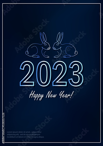 Greeting card with linear rabbits as a symbol of 2023 New Year. Water bunnies as Chinese traditional horoscope sign on dark blue gradient background.  A4 poster in continuous line art style