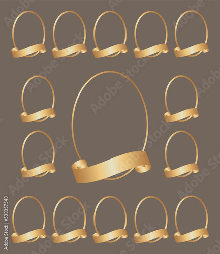 15 empty oval vignettes for portraits. Set of photo frames with golden curved ribbons for inscriptions. Mockup for graduations, holidays, congratulations, photo albums, collages. EPS 10. 