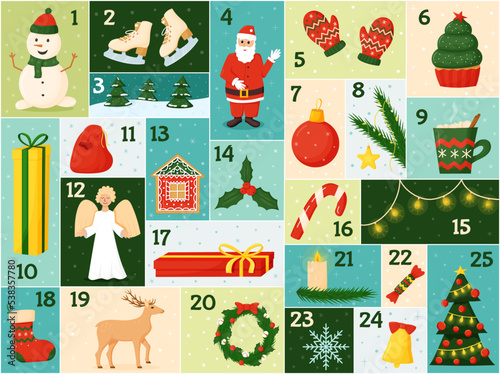 Christmas advent calendar. Holiday poster, december dates, number of xmas holiday events. Winter and holiday elements, santa, angel and other attributes. postcard vector template