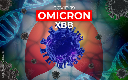 Covid 19 virus,SARS-CoV-2 Coronavirus variant omicron XBB. Microscopic view of infectious virus cells in lungs .3D rendering photo