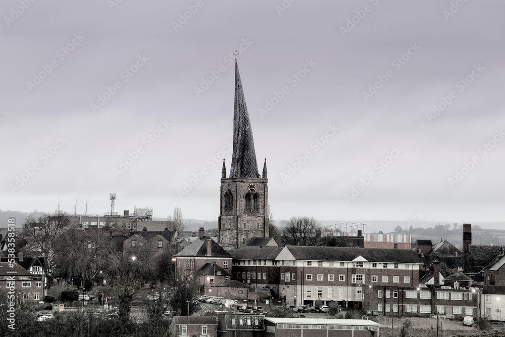 Chesterfield, Derbyshire skyline is dominated by the crooked spire of the church of St Mary and All Saints.