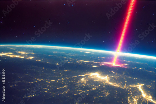 Laser from Earth to space  surface of the planet and sky of the universe  illustration 3d
