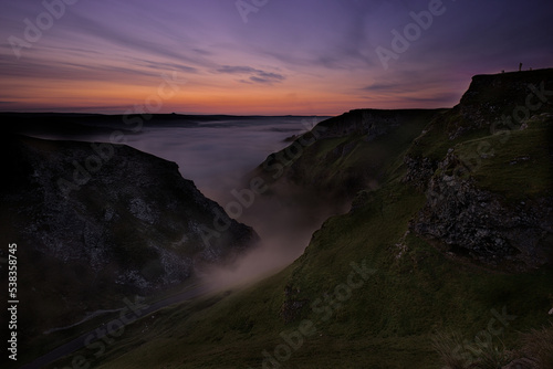 Hope valley cloud inversion at dawn blue hour from Winnats Pass, Derbyshire Peak District photo