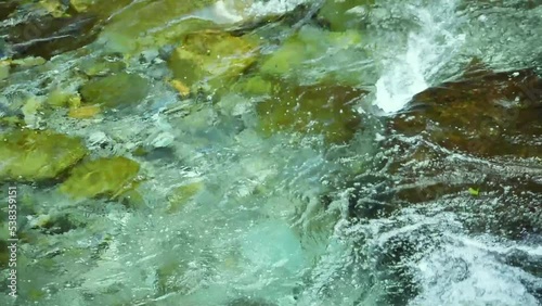flowing clear river water, top view