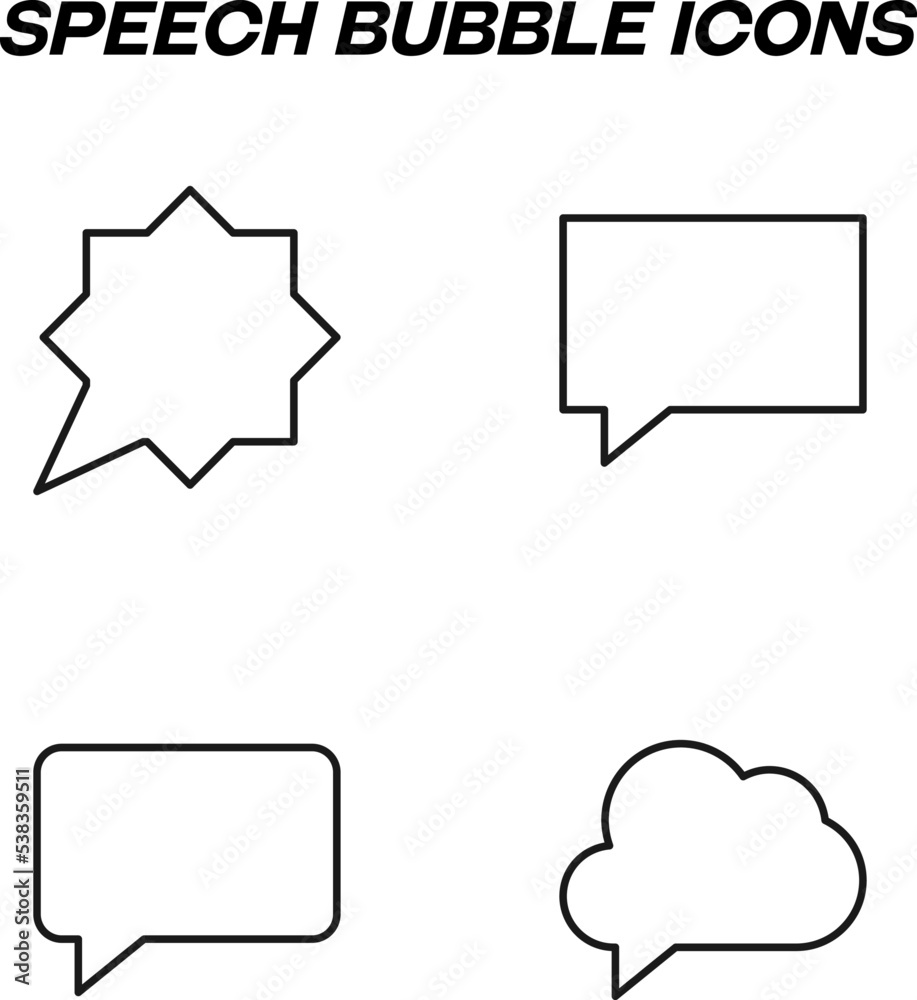 Minimalistic outline signs drawn in flat style. Editable stroke. Vector line icon set with symbols of speech bubbles in form of rectangles, stars and cloud Minimalistic outline signs drawn in flat style. Editable stroke. Vector line icon set with symbols of speech bubbles in form of rectangles, stars and cloud