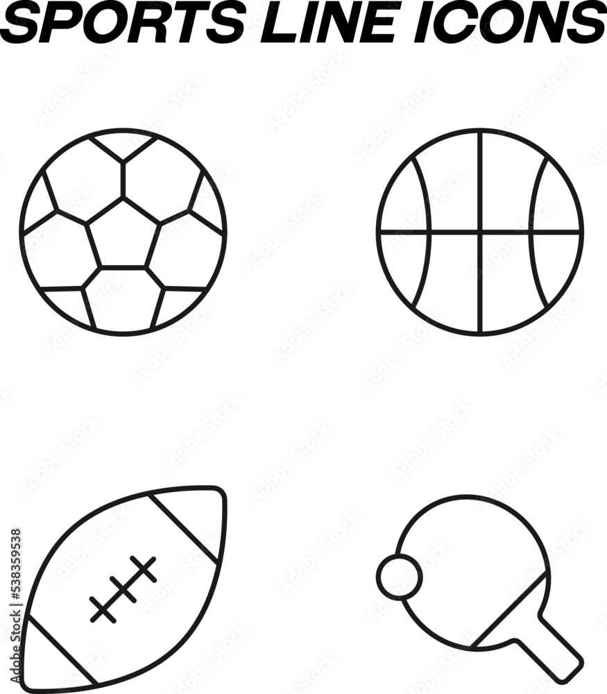 Minimalistic outline signs drawn in flat style. Editable stroke. Vector line icon set with symbols of volleyball, football, baseball, table tennis Minimalistic outline signs drawn in flat style. Editable stroke. Vector line icon set with symbols of volleyball, football, baseball, table tennis