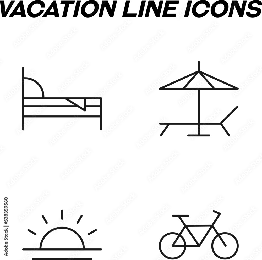 Minimalistic outline signs drawn in flat style. Editable stroke. Vector line icon set with symbols of bed, deckchair, lounger, sun over sea, bicycle Minimalistic outline signs drawn in flat style. Editable stroke. Vector line icon set with symbols of bed, deckchair, lounger, sun over sea, bicycle