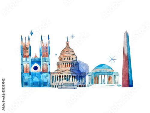 Washington DC Watercolor illustration of culture travel set famous architectural specialties. American watercolor landscape illustration
