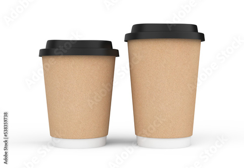 Blank take away kraft coffee cup isolated on white 3D Illustration or 3D rendered