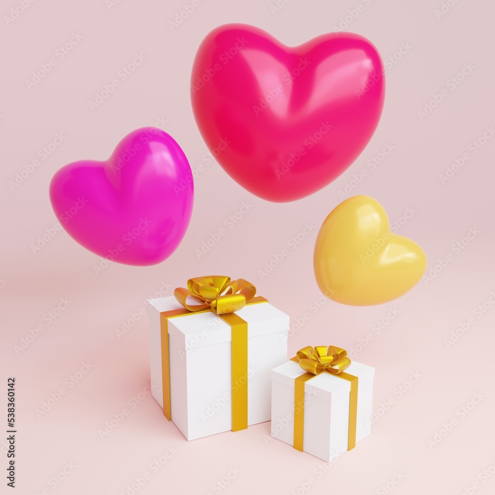 3d model of gifts with balloons in the form of a heart. Computer graphics.