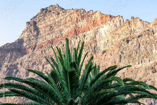Scenic view on the massive sharp cliffs and mountain Cueva de Cabras in the La Mercia mountain range in Valle Gran Rey, La Gomera, Canary Islands, Spain, Europe. Palm trees are in the foreground © Chris