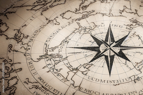 Antique compass rose and old map, vintage