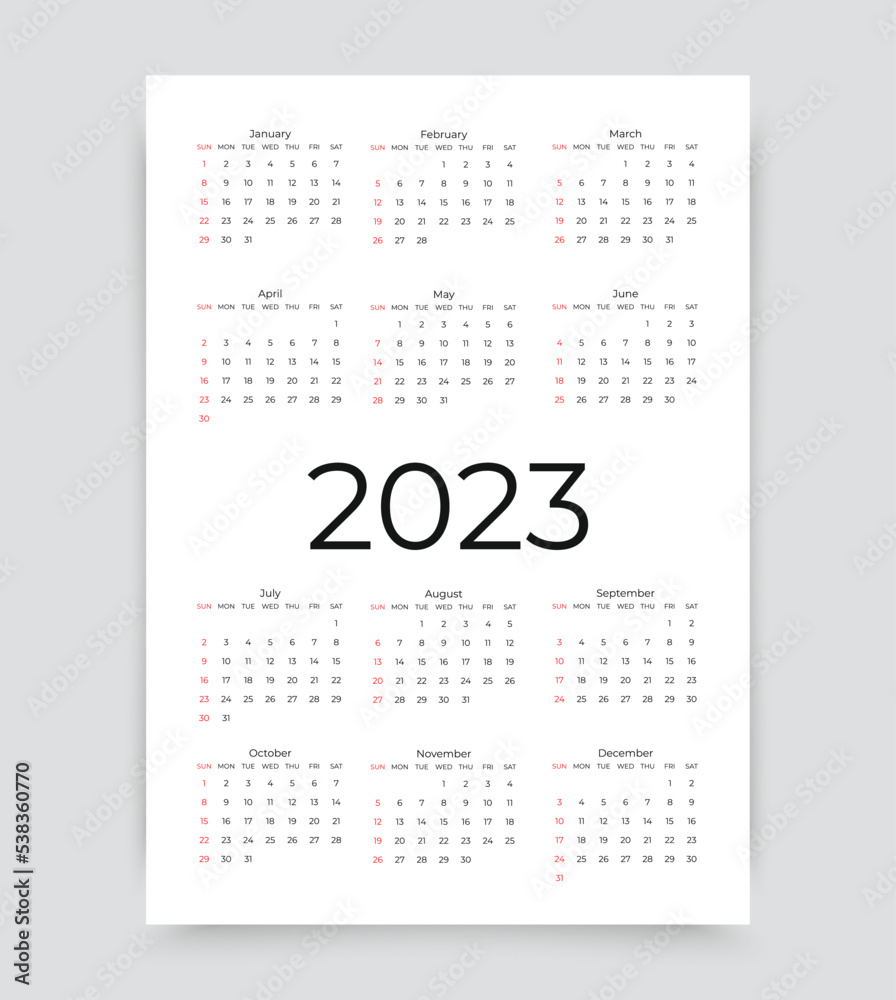 2023 calendar. Template of pocket or wall calenders. Week starts Sunday. Yearly grid with 12 month. Organizer layout in simple design. Desk planner. Portrait orientation, English. Vector illustration 2023 calendar. Template of pocket or wall calenders. Week starts Sunday. Yearly grid with 12 month. Organizer layout in simple design. Desk planner. Portrait orientation, English. Vector illustration