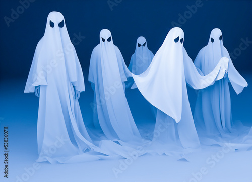 Group of ghosts with white sheet, nasty and scary, 3d illustration