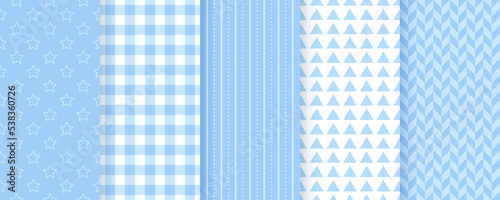 Scrapbook seamless pattern. Blue baby boy backgrounds. Set baby shower textures with polka dots, sripes, stars, check and herring bone. Wrapping prints. Retro pastel backdrops. Vector illustration.