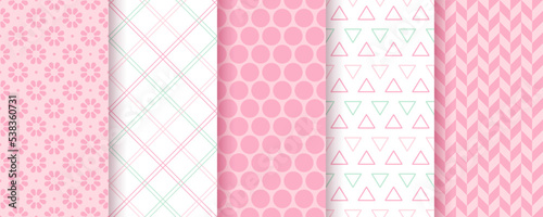 Scrapbook pattern. Baby girl seamless background. Set pink prints. Cute textures with polka dot, triangle, flower, plaid and herring bone. Pastel packing paper. Retro scrap design. Vector illustration