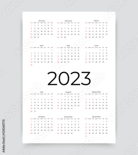 2023 calendar. Template of pocket or wall calenders. Week starts Sunday. Yearly grid with 12 month. Organizer layout in simple design. Desk planner. Portrait orientation, English. Vector illustration