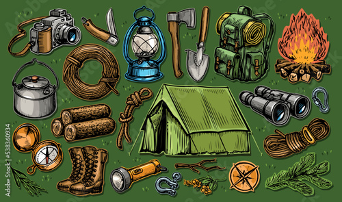 Camping equipment set. Summer camp collection. Active holidays or local tourism concept. Color vector illustration