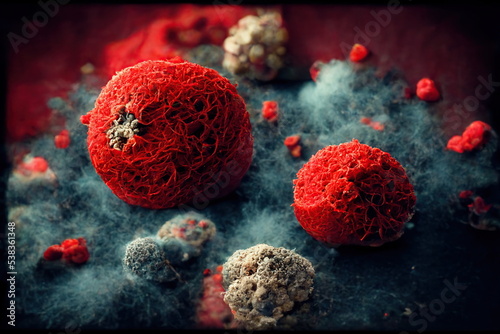 Virus cells attacking t-cells, colorized, artistic visualization