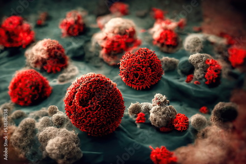 Virus cells attacking t-cells  colorized  artistic visualization