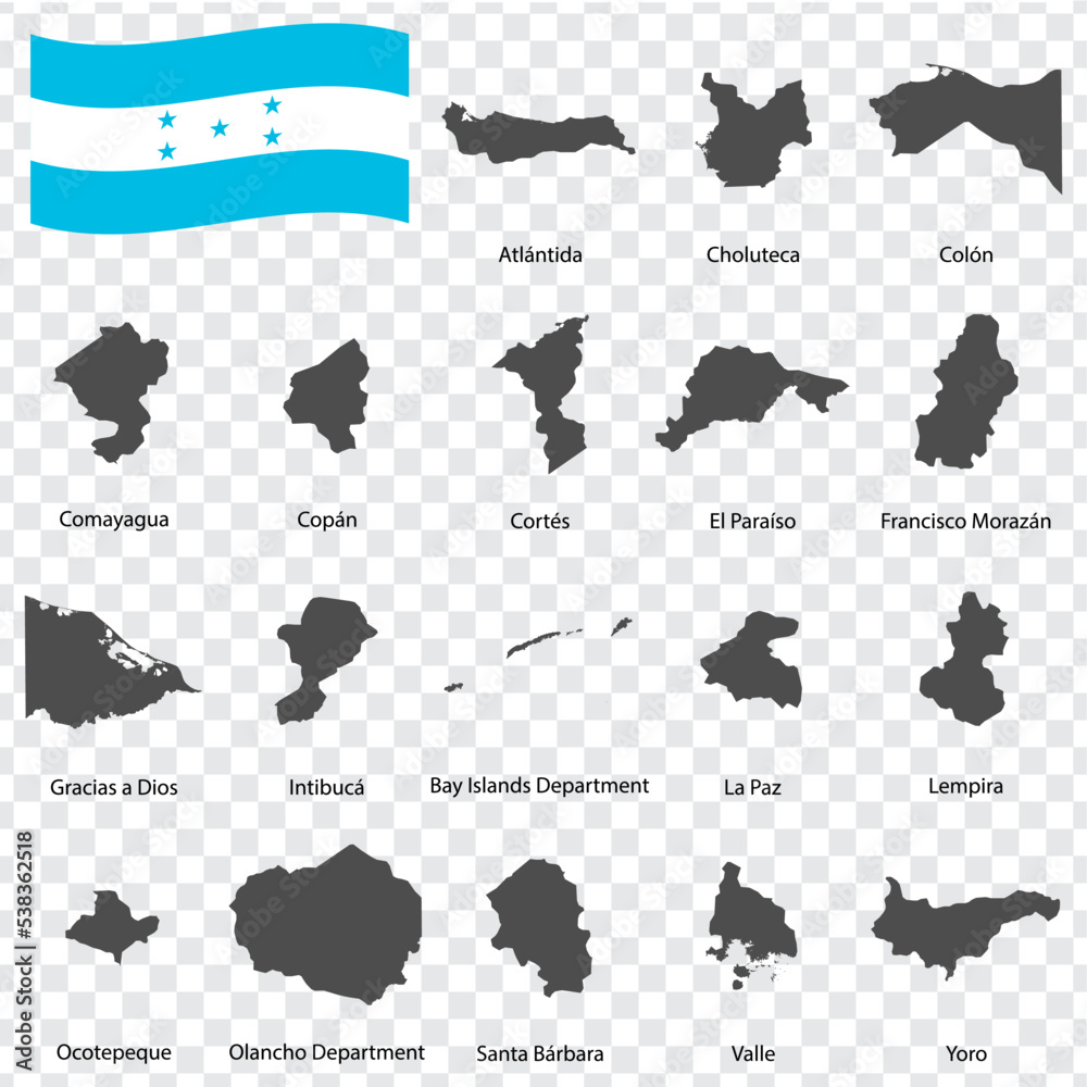Eighteen Maps provinces of Honduras - alphabetical order with name. Every single map of province are listed and isolated with wordings and titles. Honduras. EPS 10. Eighteen Maps provinces of Honduras - alphabetical order with name. Every single map of province are listed and isolated with wordings and titles. Honduras. EPS 10.