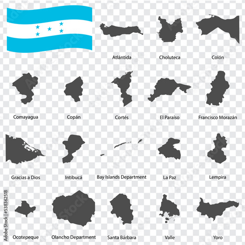 Eighteen Maps provinces of Honduras - alphabetical order with name. Every single map of province are listed and isolated with wordings and titles. Honduras. EPS 10. 
