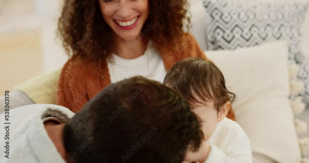 Baby love, peekaboo and happy family parents play, bond and have fun while relax on home living room sofa. Childhood, youth growth and young kid with father, mother and enjoy quality time together Baby love, peekaboo and happy family parents play, bond and have fun while relax on home living room sofa. Childhood, youth growth and young kid with father, mother and enjoy quality time together