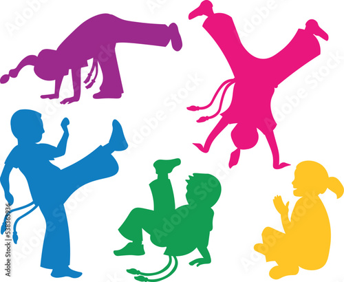 Kids doing capoeira movements, infant training. Boys and girls silhouettes vector icon illustration