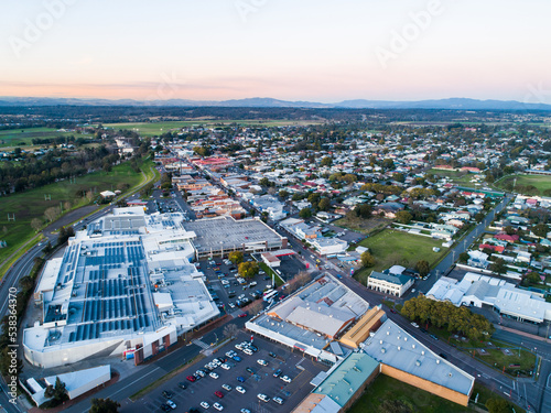 Aerial view of shopping centre and carparks in town of Singleton