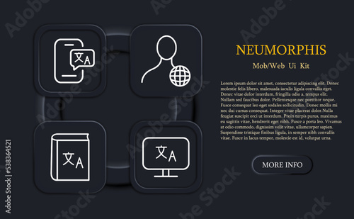 Interpreter set icon. Translator, Translate site into your language, show original, select language, dragoman, dictionary, polyglot, vocabulary. Versionist concept. Neomorphism style