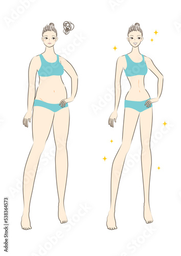 女性ダイエット　ビフォアアフターイラスト