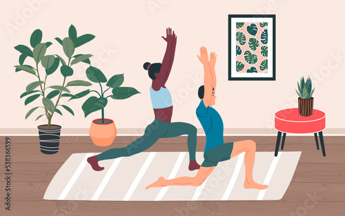 Couple doing yoga at home. Yoga exercise vector illustration. Cartoon style people doing yoga, asana pose, workout at home. Exercise together. Interior background.