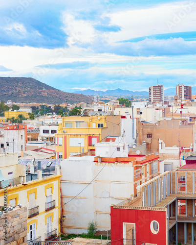 Cityscape Cartagena colorful houses mountains