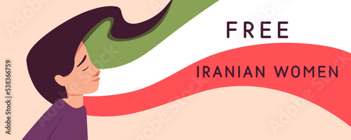 Sad crying Iranian young girl with closed eyes, long flying cuted hair colored in national flag color banner design. Freedom to women in Iran. Protest concept. Union, straggle and feminism movement photo